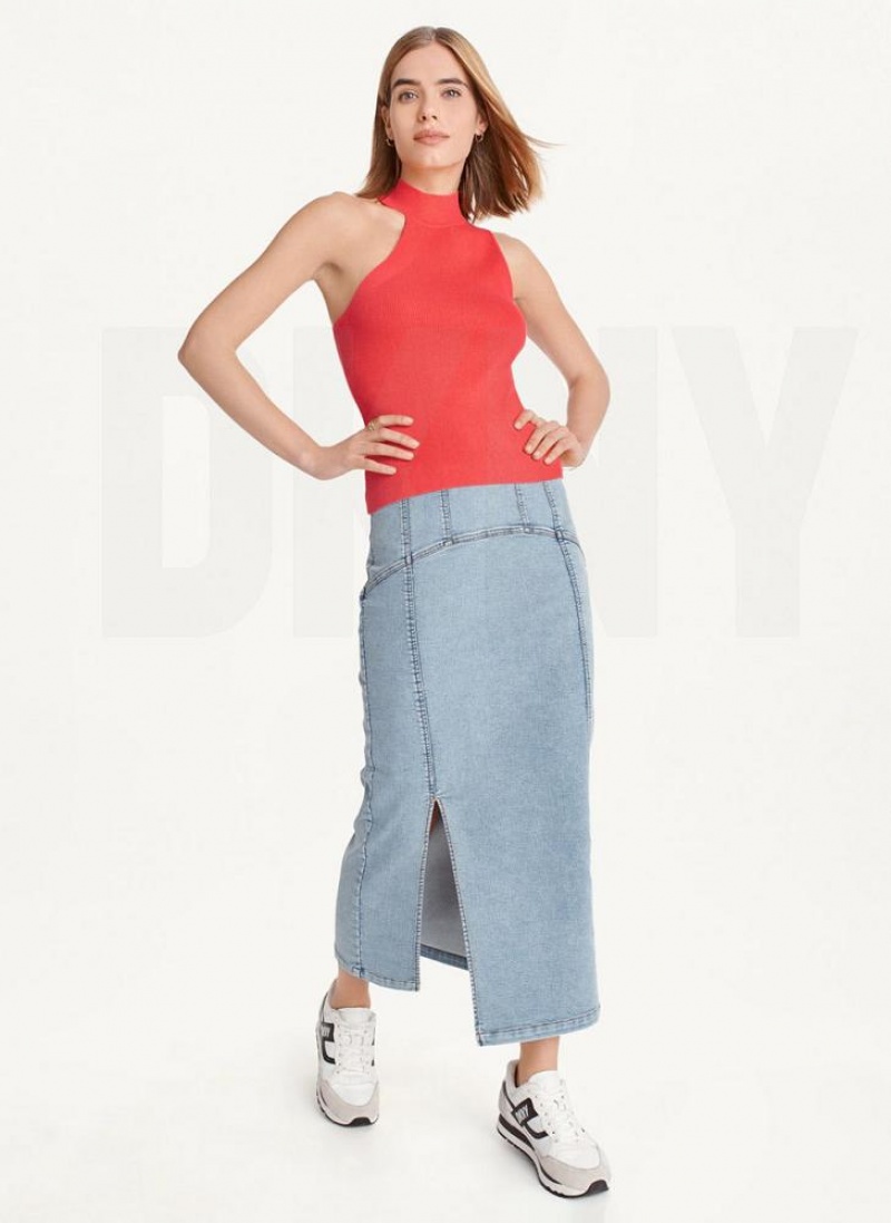 Red DKNY Sleeveless Mock Neck Women's Sweaters | USA-D1123