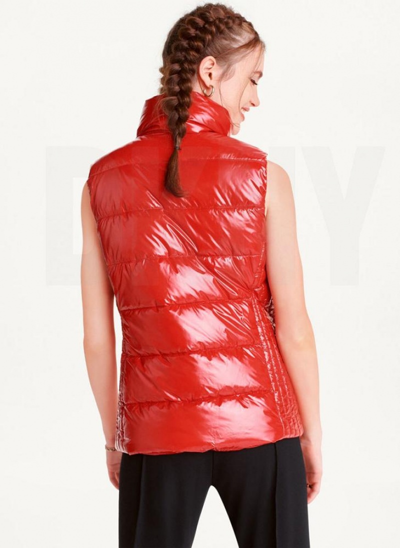 Red DKNY Wet Token Logo Puffer Vest Women's Coats | USA-D1788