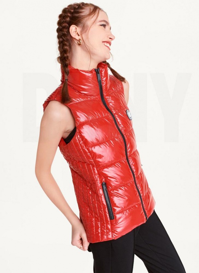 Red DKNY Wet Token Logo Puffer Vest Women's Coats | USA-D1788