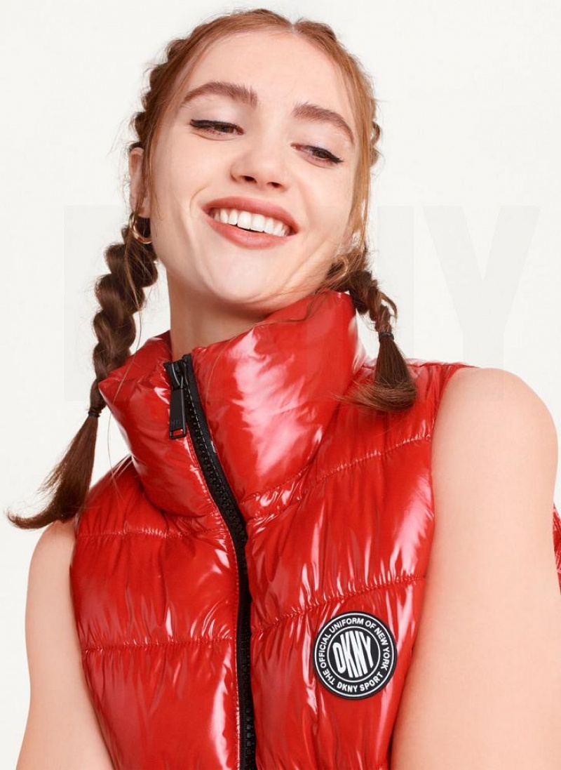 Red DKNY Wet Token Logo Puffer Vest Women's Coats | USA-D1788