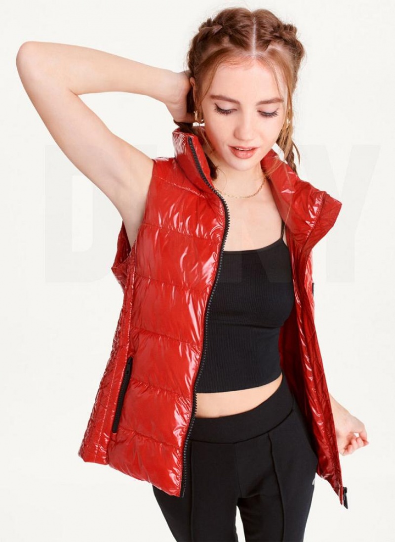 Red DKNY Wet Token Logo Puffer Vest Women\'s Coats | USA-D1788