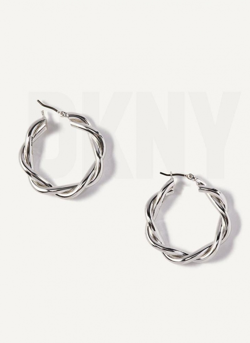 Silver DKNY Chunky Twist Hoop Women's Earrings | USA-D0383