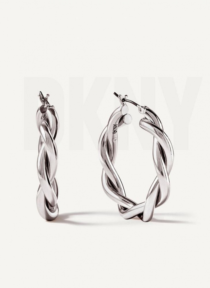 Silver DKNY Chunky Twist Hoop Women\'s Earrings | USA-D0383