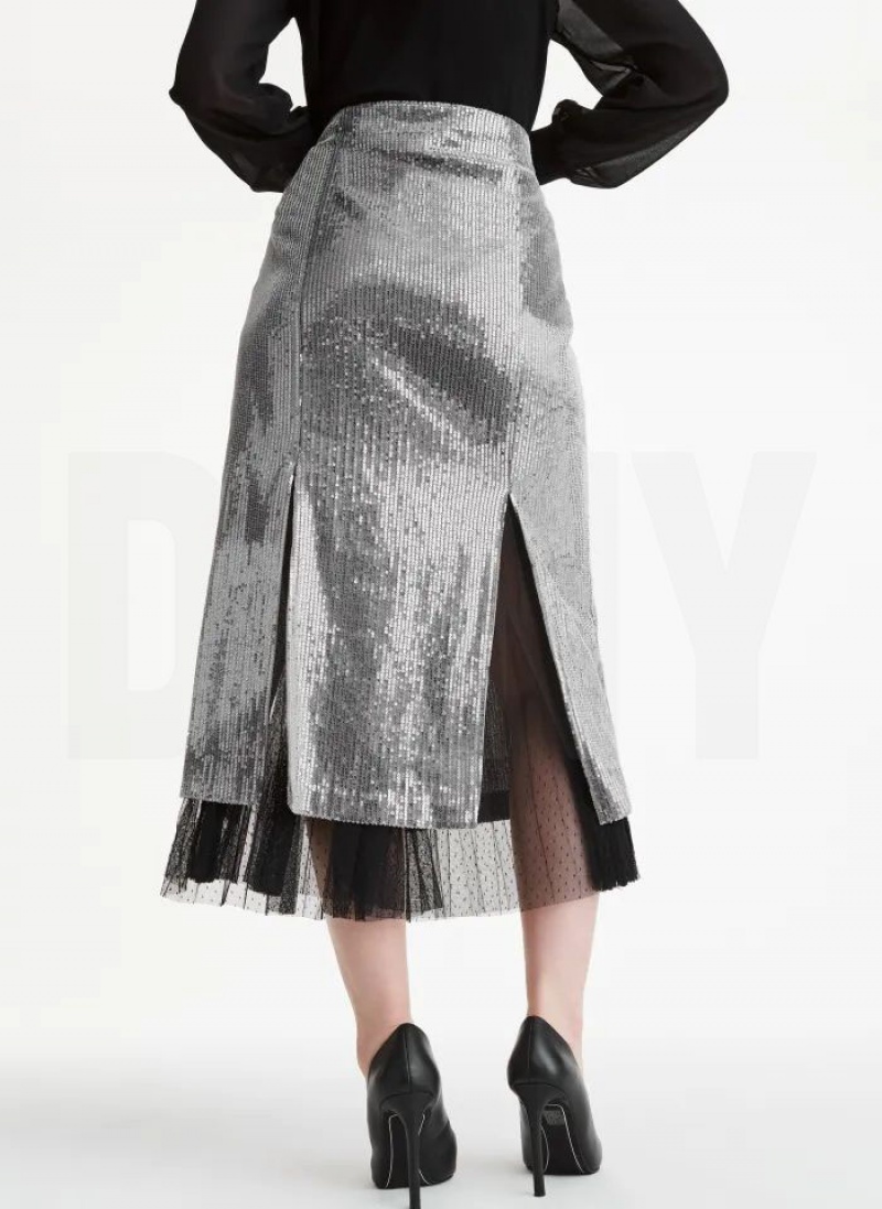 Silver DKNY Sequin Midi With Tulle Women's Skirts | USA-D0647