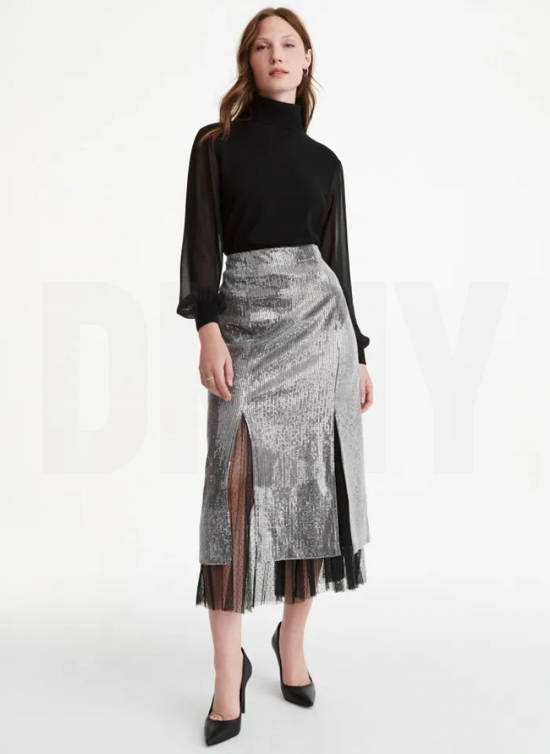 Silver DKNY Sequin Midi With Tulle Women's Skirts | USA-D0647