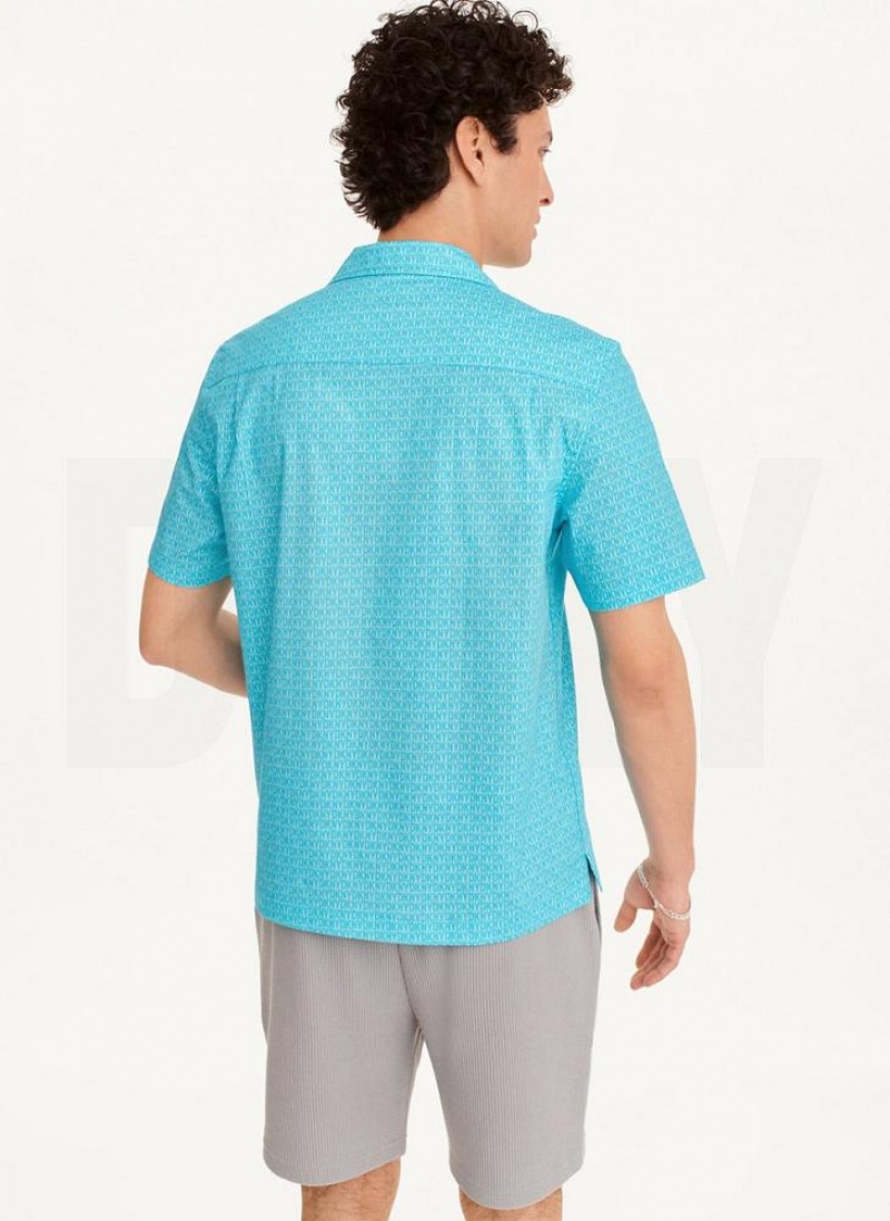 Turquoise DKNY Interlocking Allover Logo Men's Shirts | USA-D0764