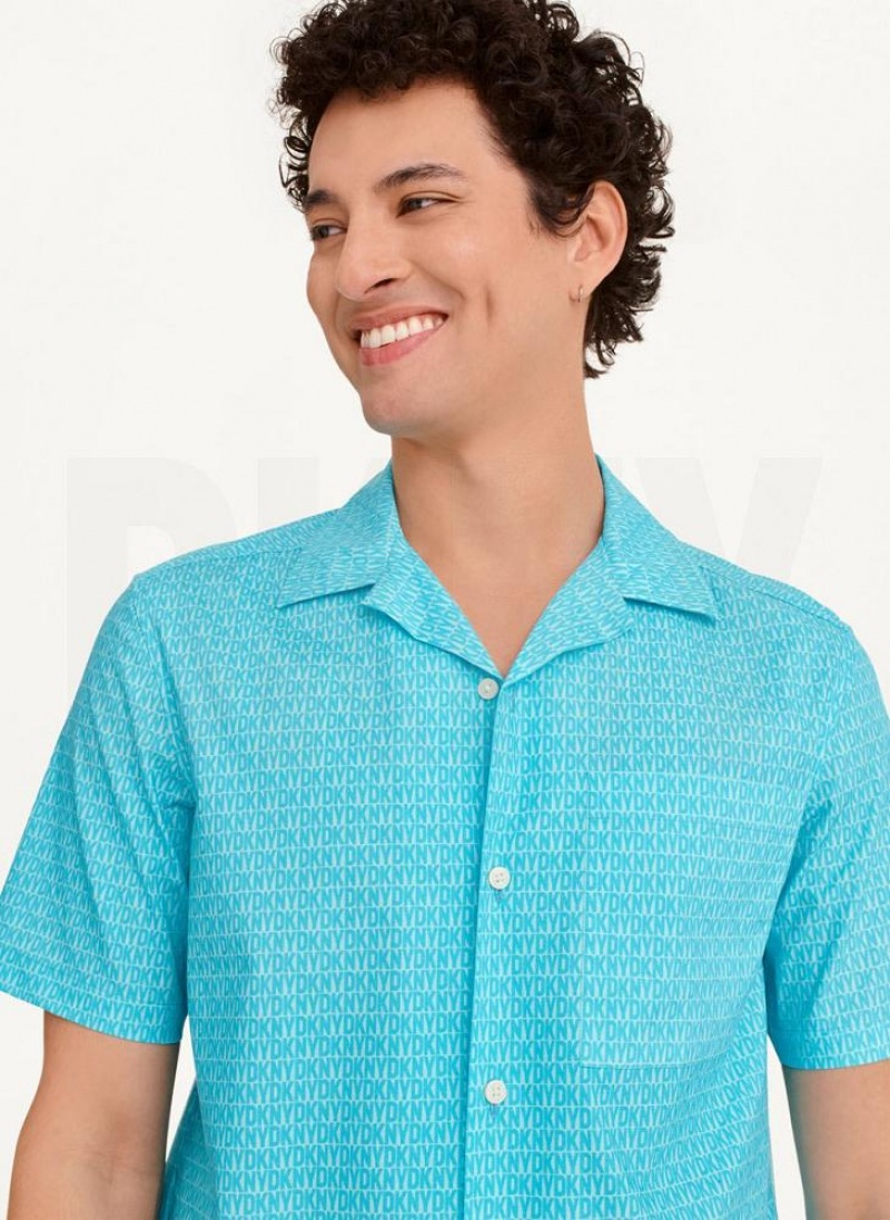 Turquoise DKNY Interlocking Allover Logo Men's Shirts | USA-D0764
