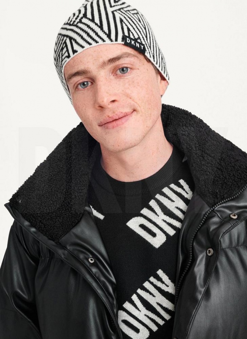 White DKNY Allover Crosswalk Logo Men\'s Beanie | USA-D1322