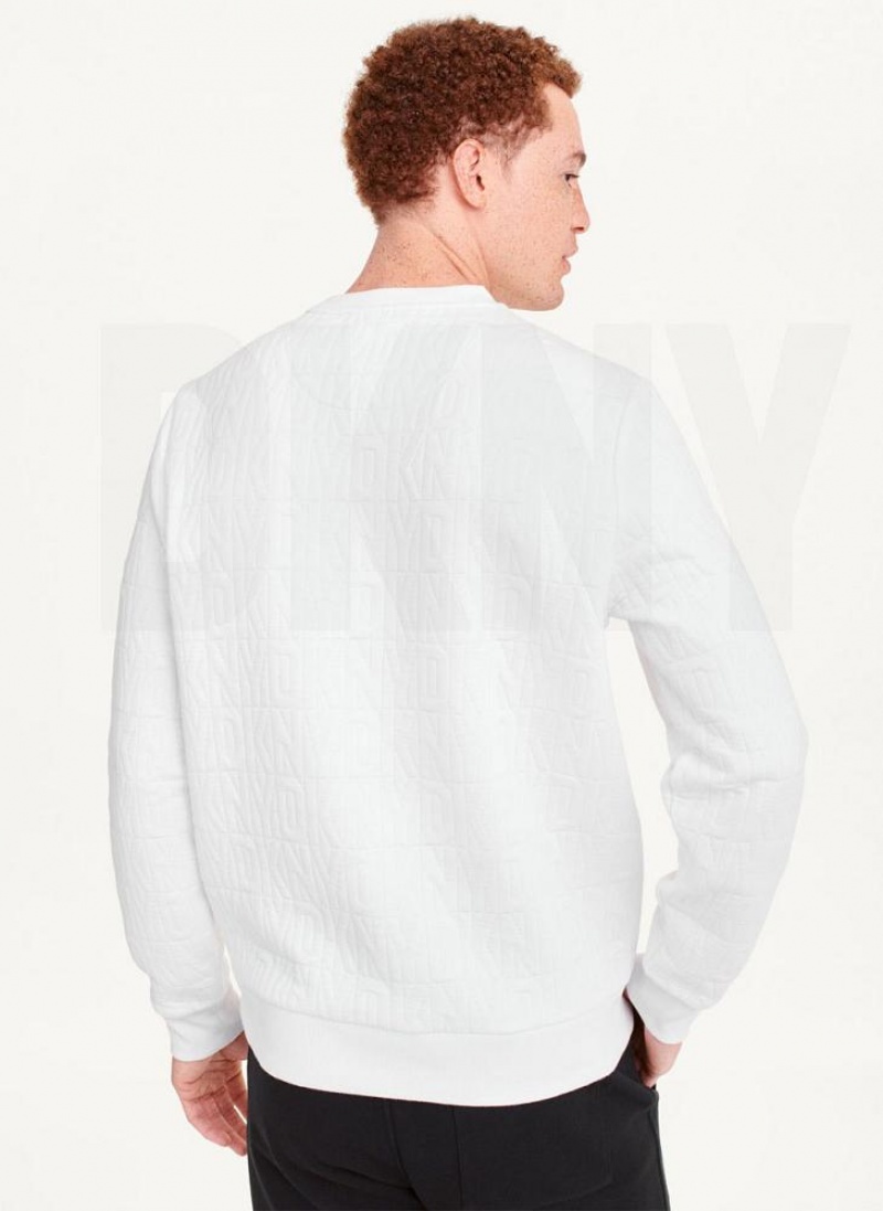 White DKNY Allover Quilted Logo Crew Men's Sweatshirts | USA-D0243