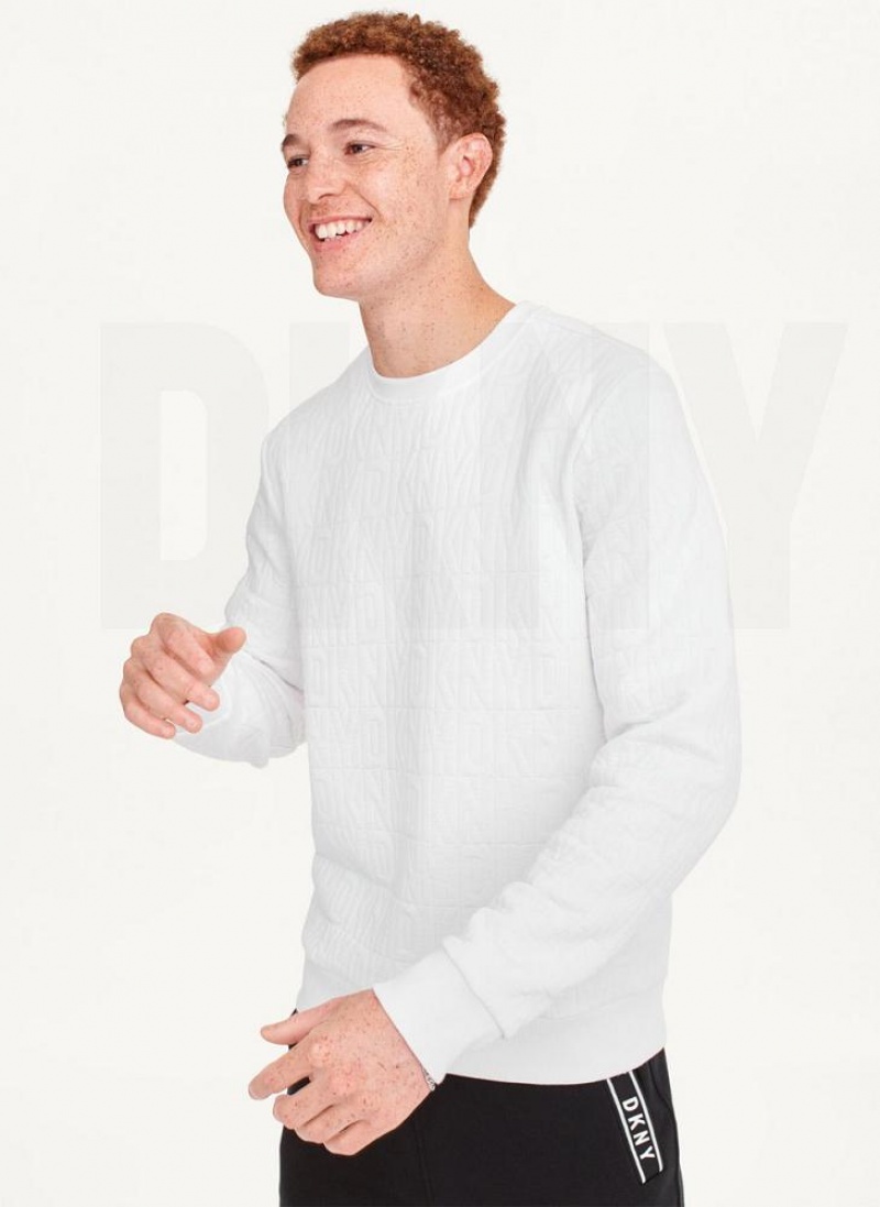 White DKNY Allover Quilted Logo Crew Men\'s Sweatshirts | USA-D0243
