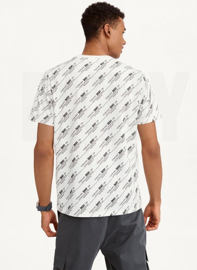 White DKNY Allover Stripe Logo Men's T Shirts | USA-D0132