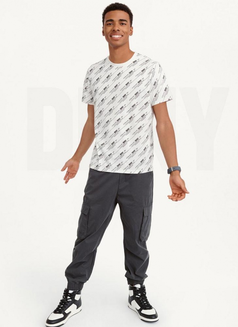 White DKNY Allover Stripe Logo Men's T Shirts | USA-D0132