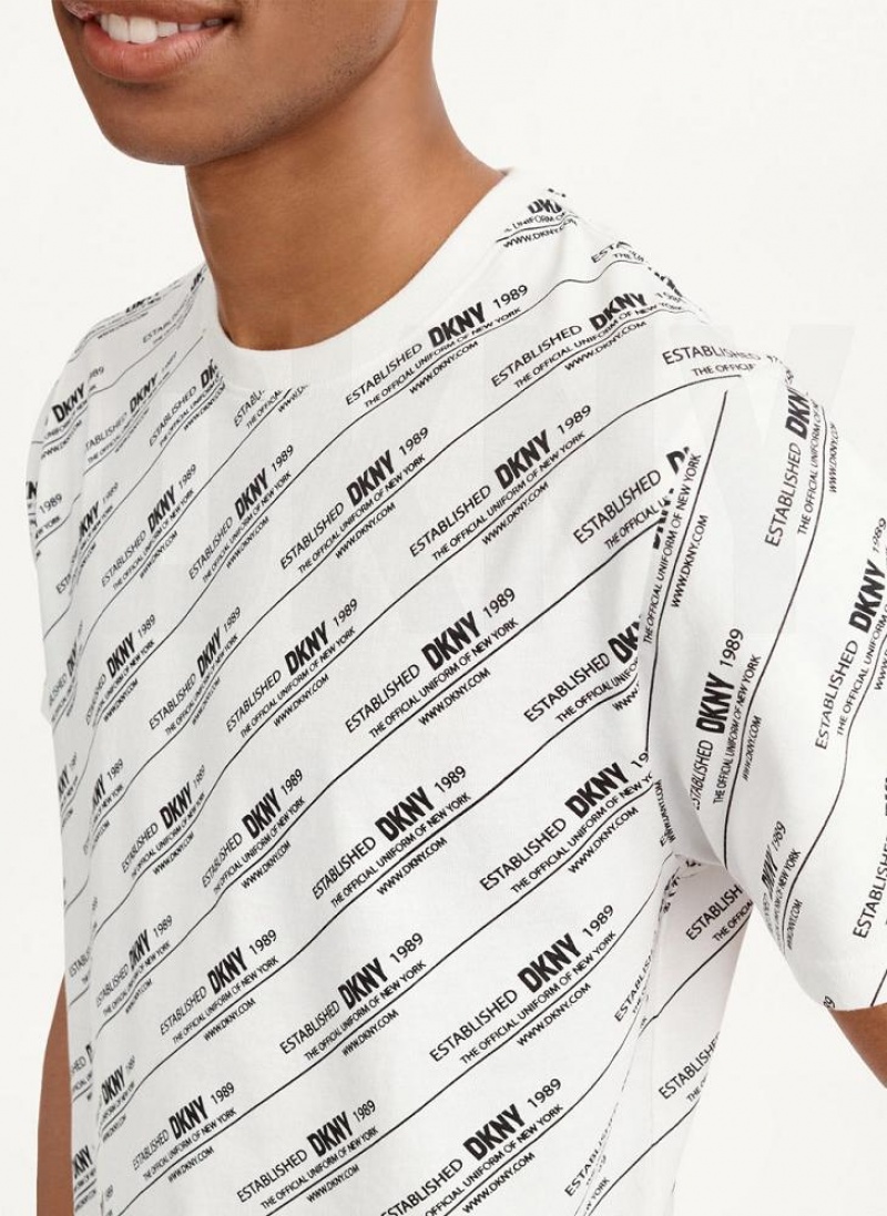 White DKNY Allover Stripe Logo Men's T Shirts | USA-D0132