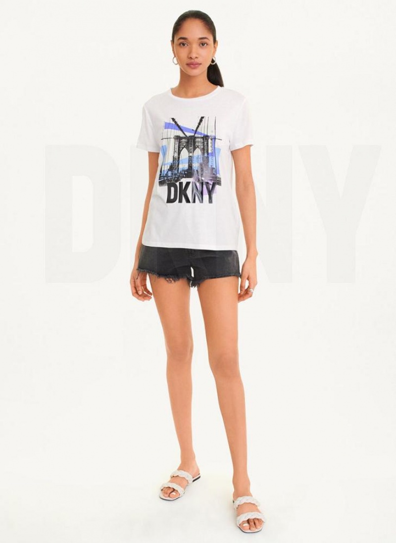 White DKNY Brooklyn Bridge Logo Women's T Shirts | USA-D1156