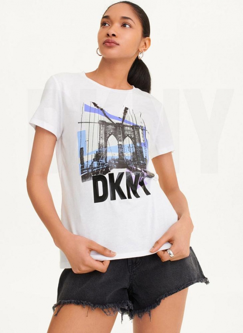 White DKNY Brooklyn Bridge Logo Women\'s T Shirts | USA-D1156