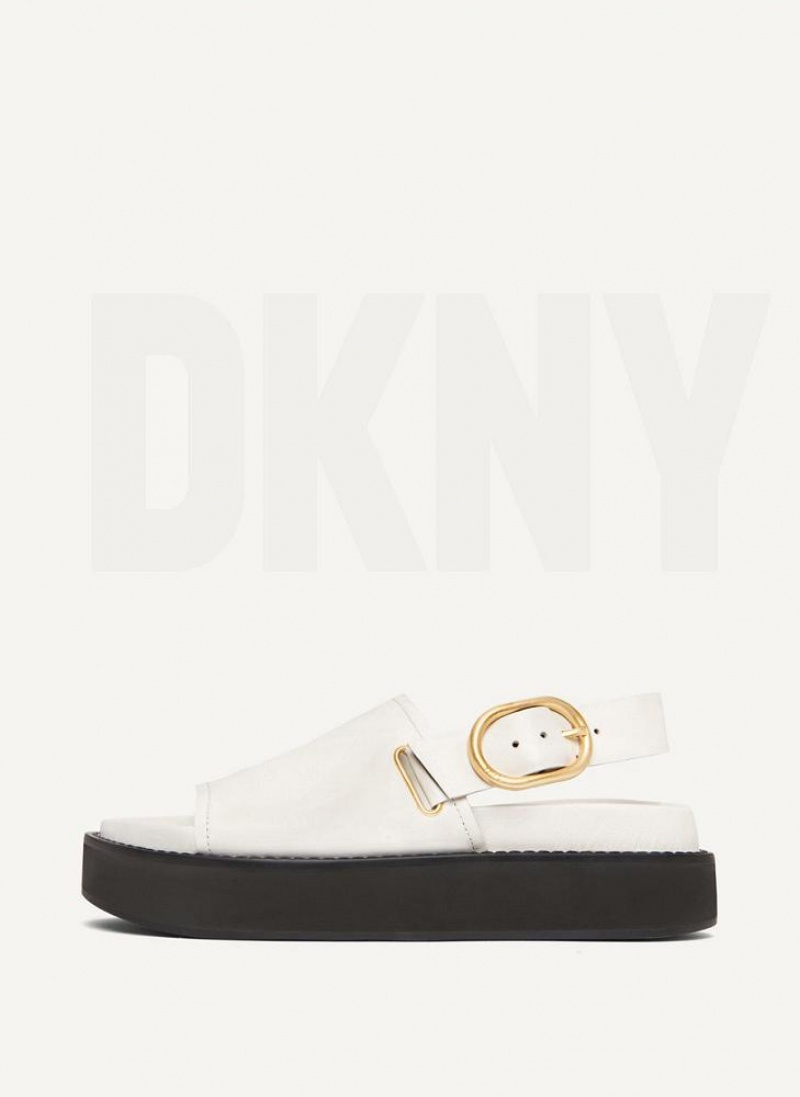White DKNY Buckle Flatform Shoes Sandals | USA-D1454