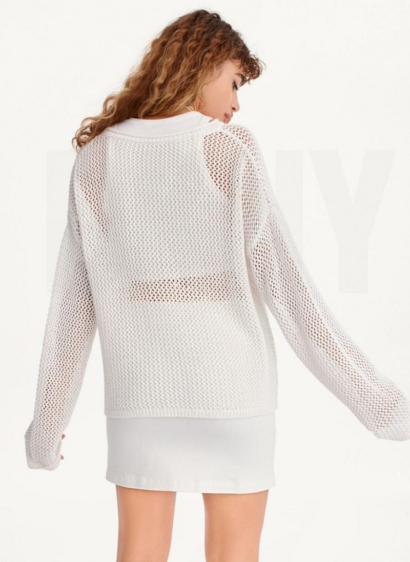 White DKNY Chain Stitch Women's Sweaters | USA-D1803