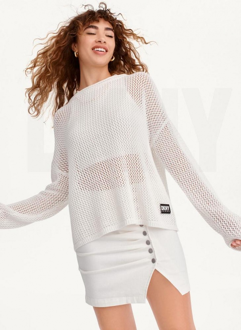 White DKNY Chain Stitch Women\'s Sweaters | USA-D1803