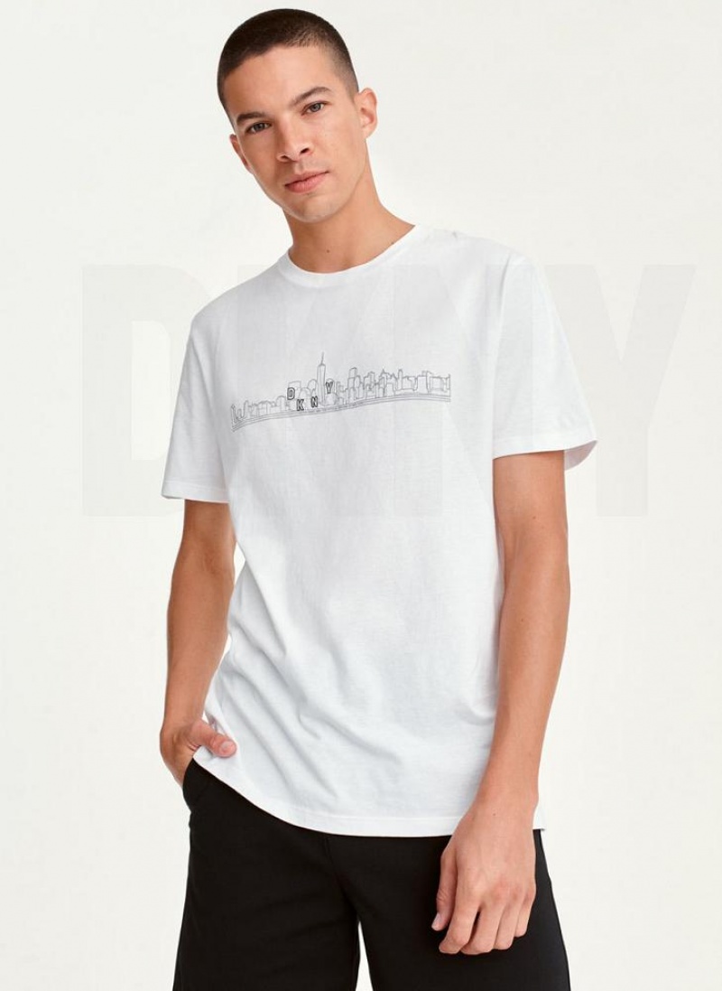 White DKNY Cityscape Sketch Men\'s T Shirts | USA-D0630