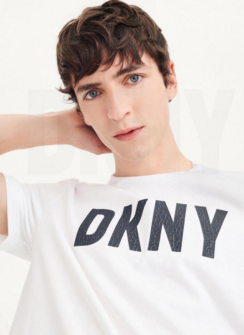 White DKNY Clean Front Logo Men's T Shirts | USA-D0263