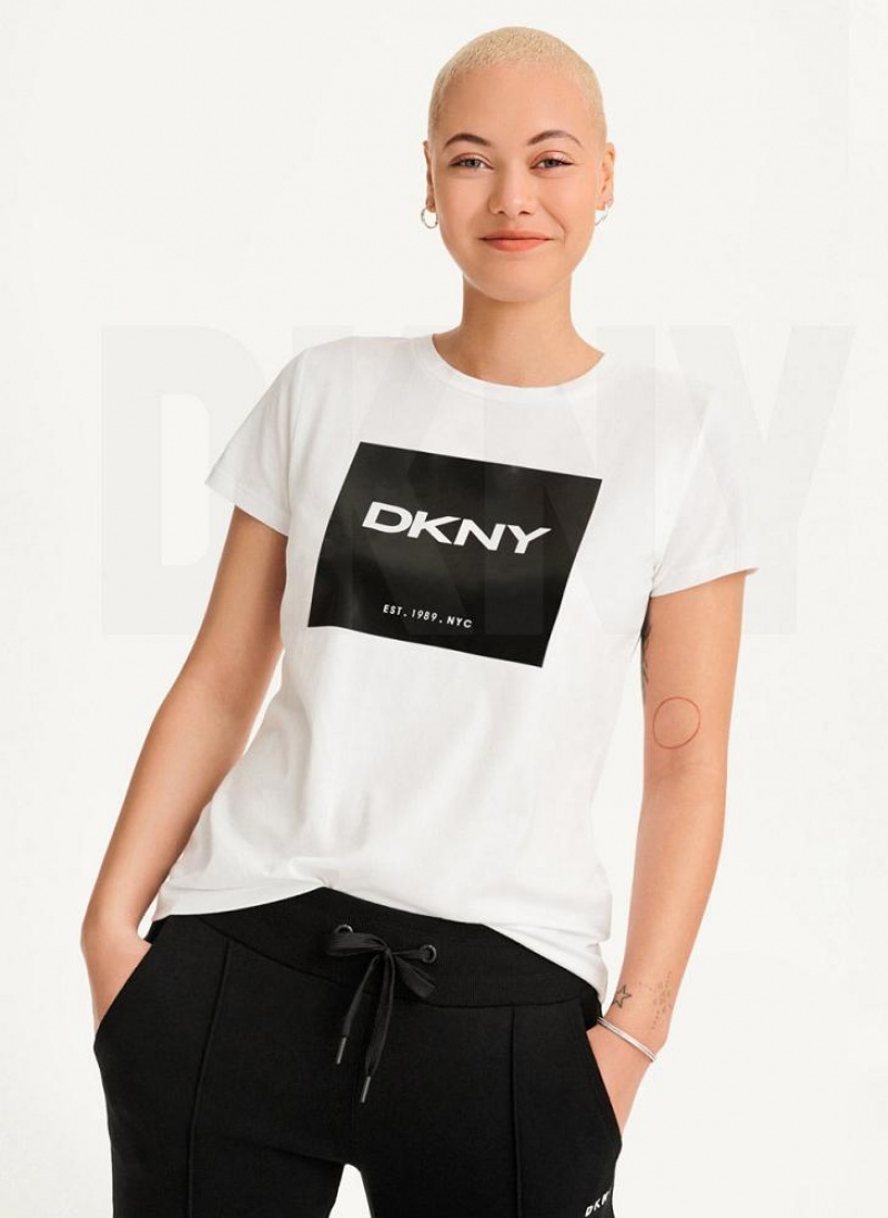White DKNY Coated Box Logo Women's T Shirts | USA-D0211
