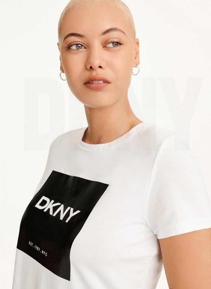 White DKNY Coated Box Logo Women's T Shirts | USA-D0211