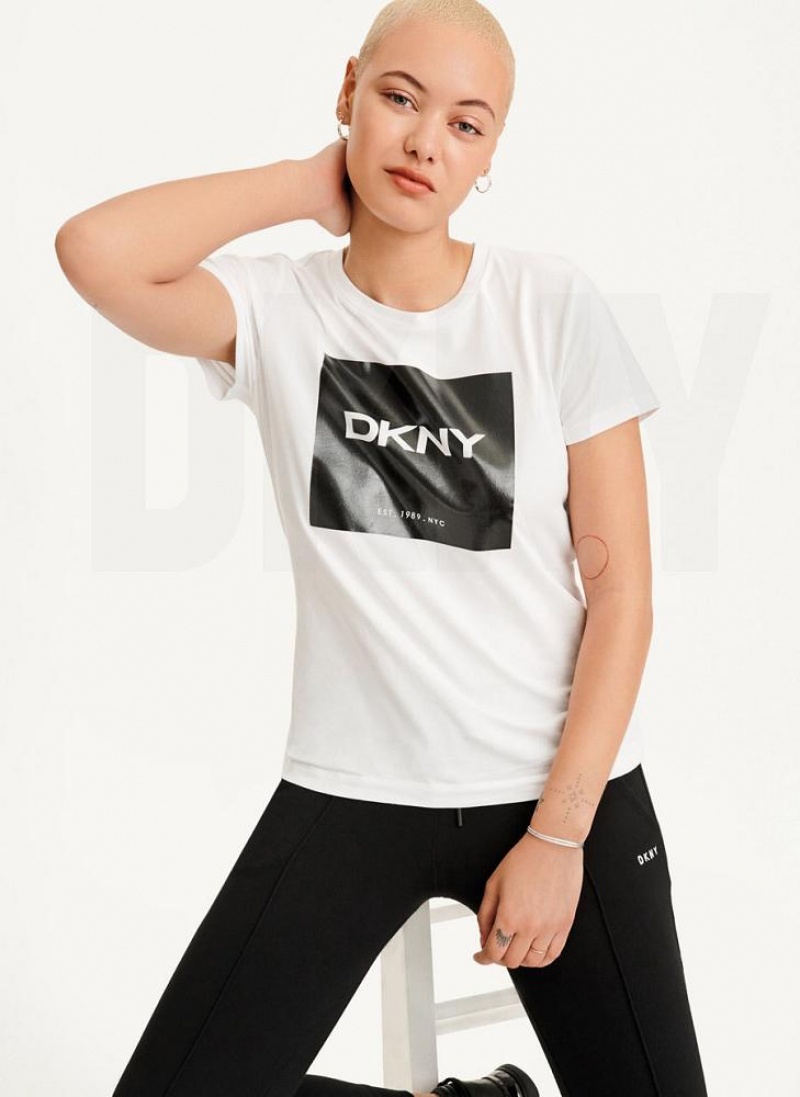 White DKNY Coated Box Logo Women\'s T Shirts | USA-D0211