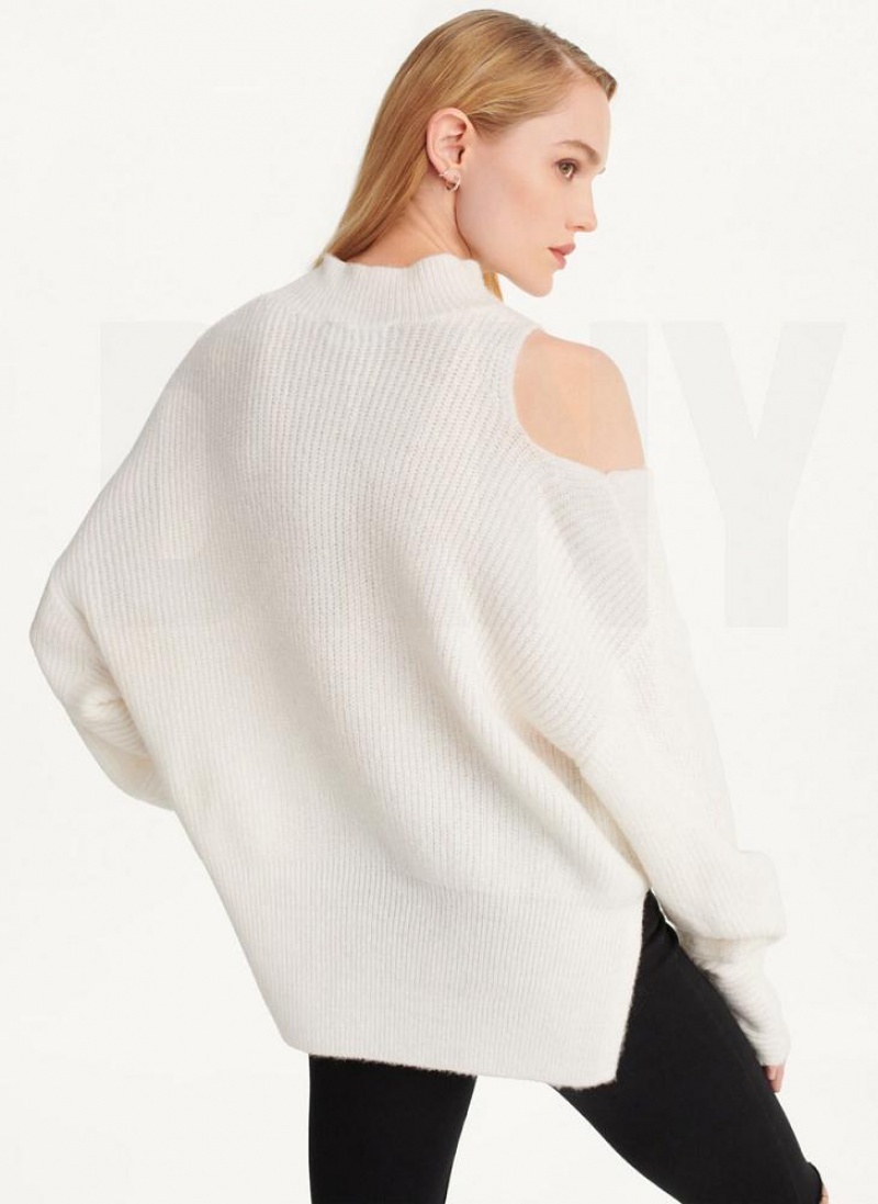 White DKNY Cold Shoulder Women's Sweaters | USA-D0650