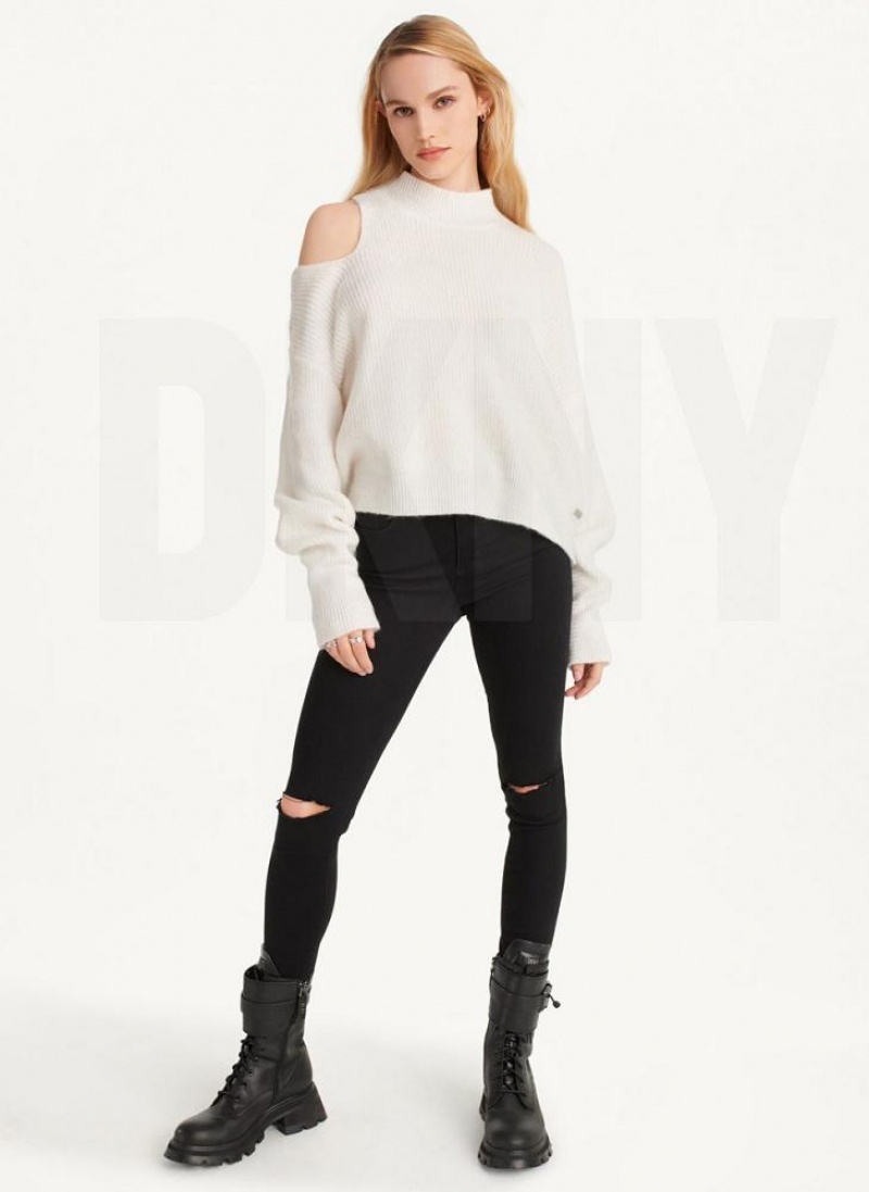 White DKNY Cold Shoulder Women's Sweaters | USA-D0650