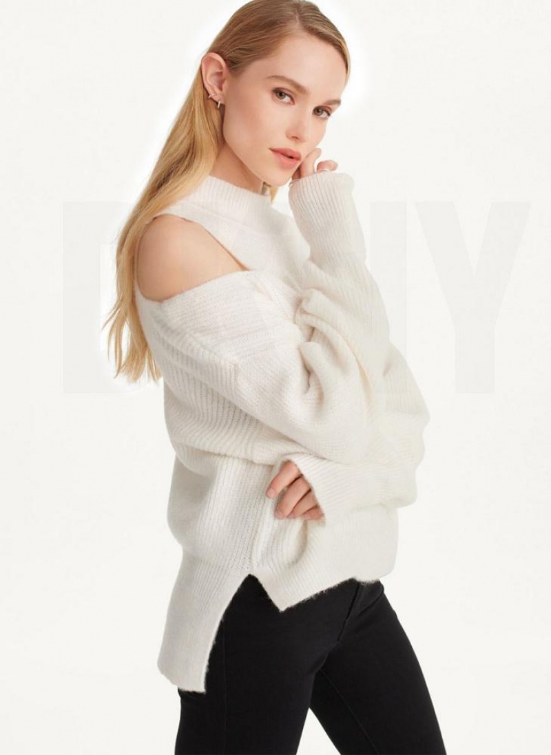 White DKNY Cold Shoulder Women's Sweaters | USA-D0650