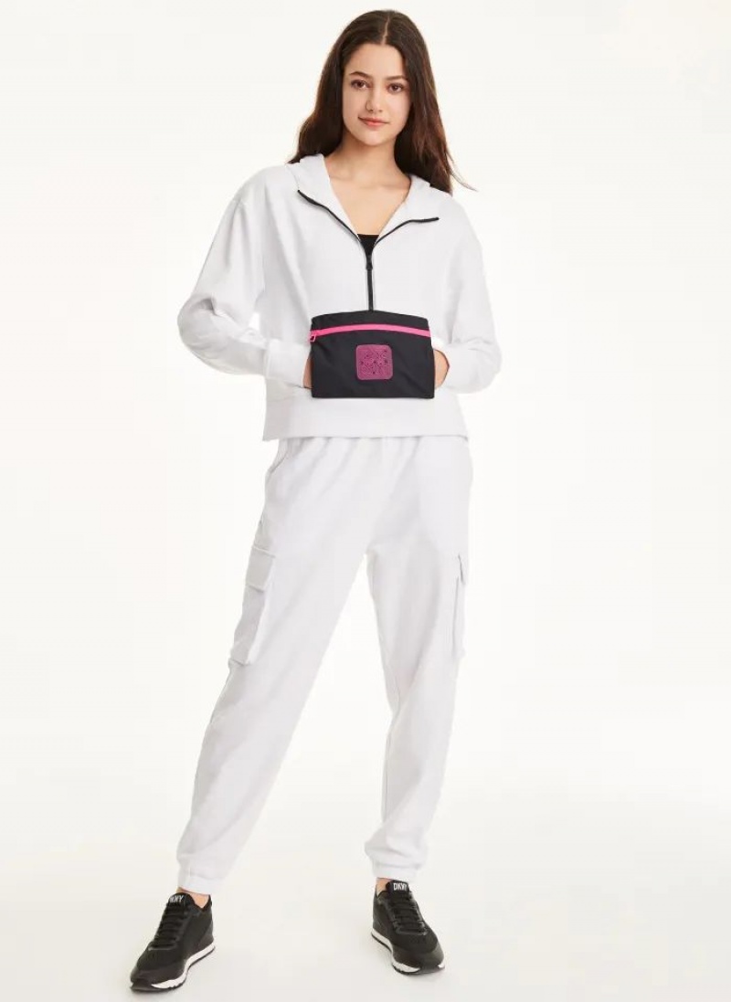 White DKNY Cotton French Terrywith Bag Kangaroo Pocket Women's Hoodies | USA-D1964