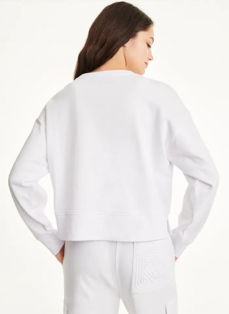 White DKNY Cotton Jersey Crew With Logo Embossing Women's Sweatshirts | USA-D1485