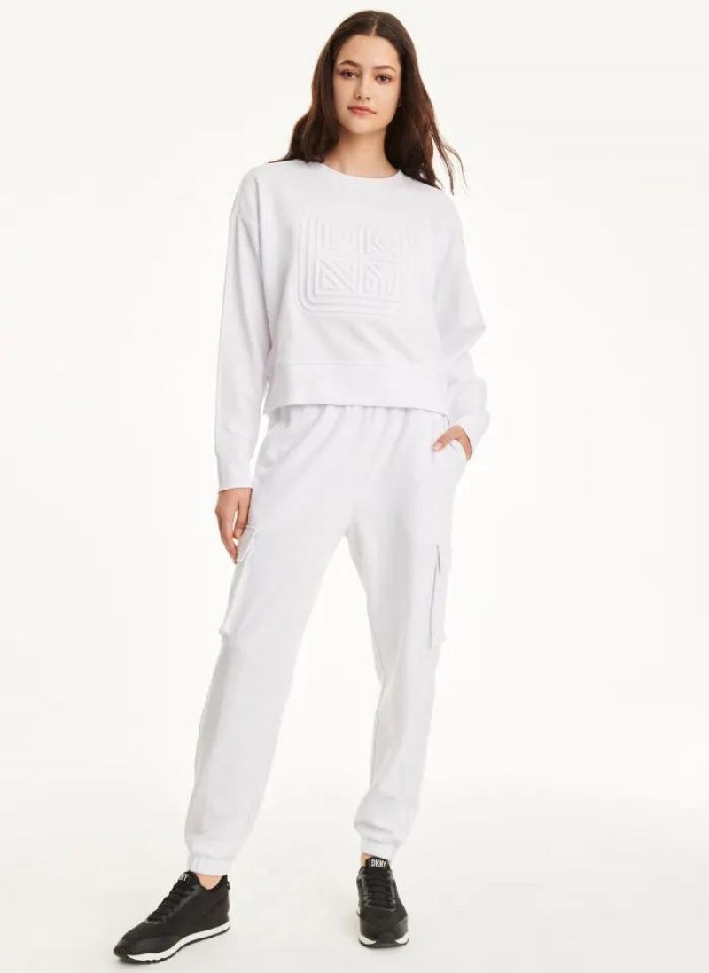 White DKNY Cotton Jersey Crew With Logo Embossing Women's Sweatshirts | USA-D1485