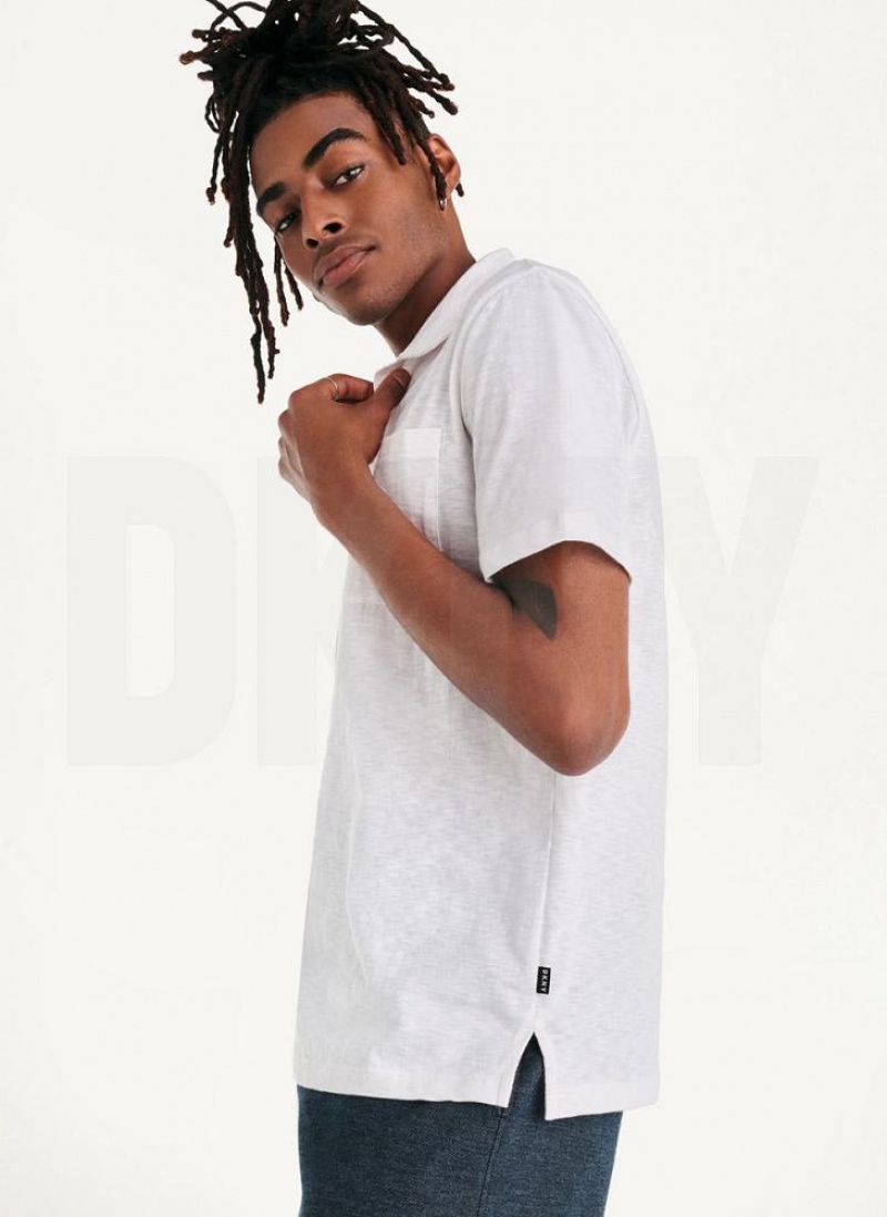 White DKNY Cotton Slub Jersey Single Breast Men's Polo Shirts | USA-D1211