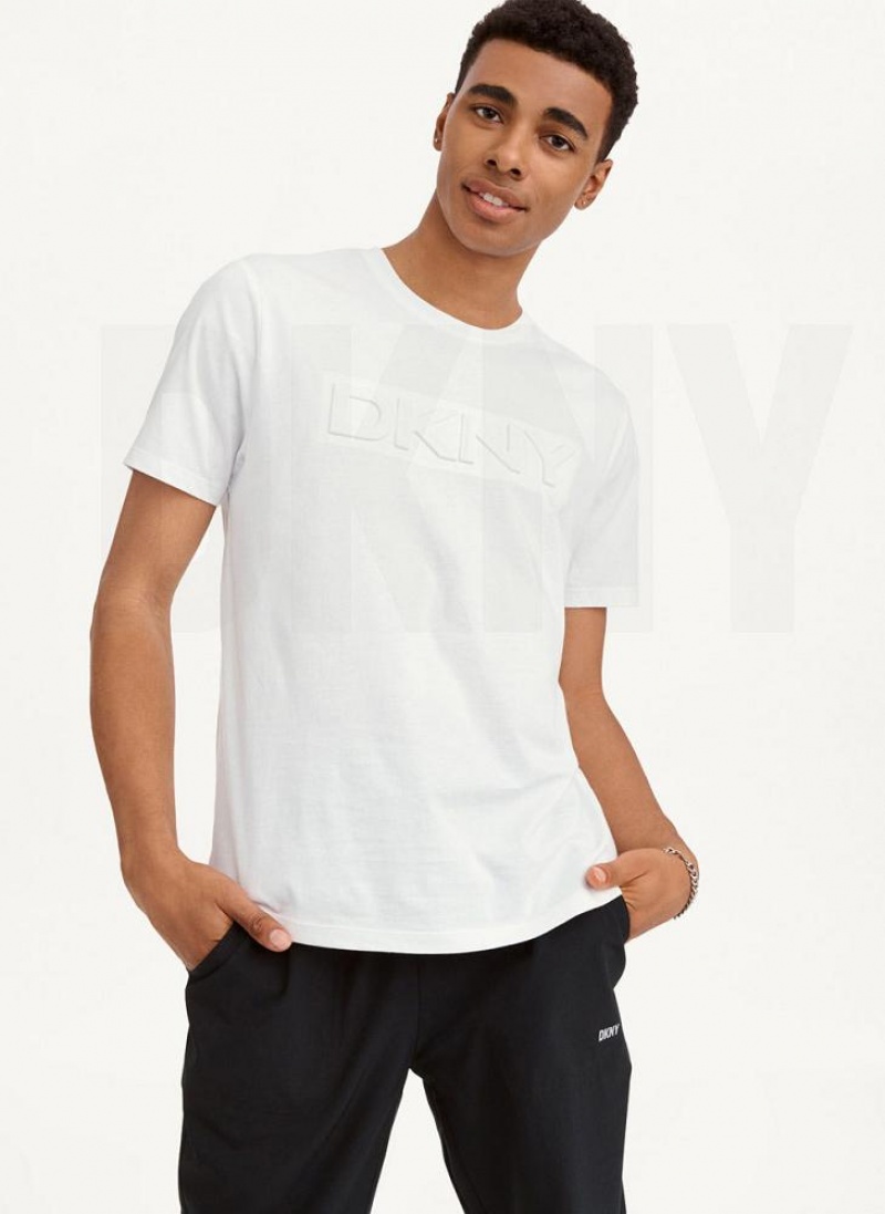 White DKNY Debossed Logo Men's T Shirts | USA-D0665