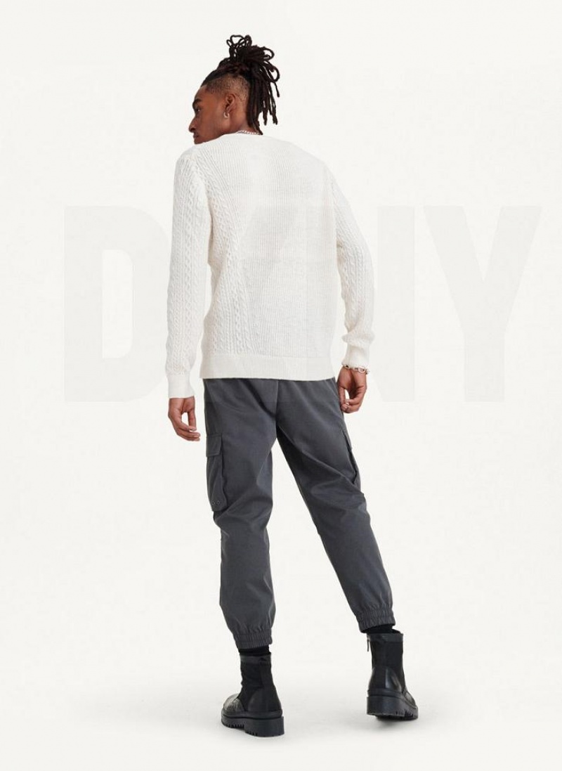 White DKNY Diagonal Cable Crew Men's Sweaters | USA-D0330
