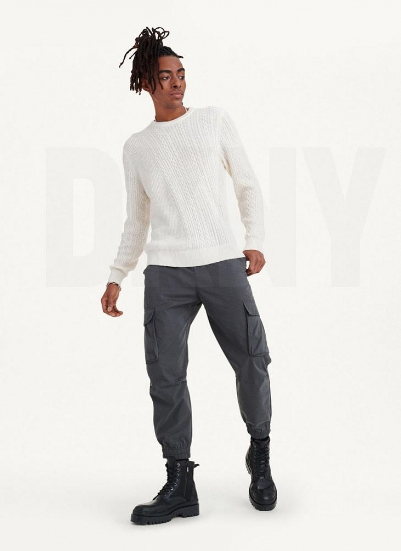 White DKNY Diagonal Cable Crew Men's Sweaters | USA-D0330