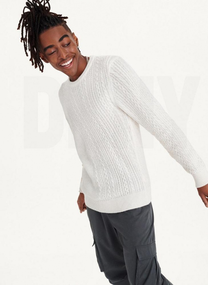 White DKNY Diagonal Cable Crew Men's Sweaters | USA-D0330