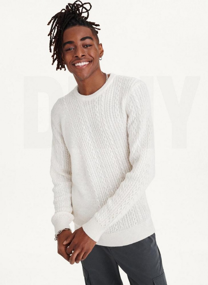White DKNY Diagonal Cable Crew Men's Sweaters | USA-D0330