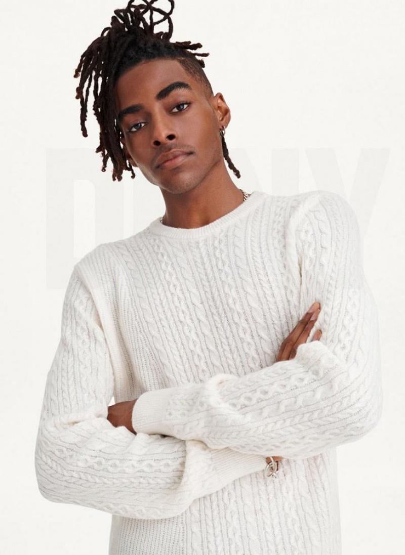 White DKNY Diagonal Cable Crew Men's Sweaters | USA-D0330