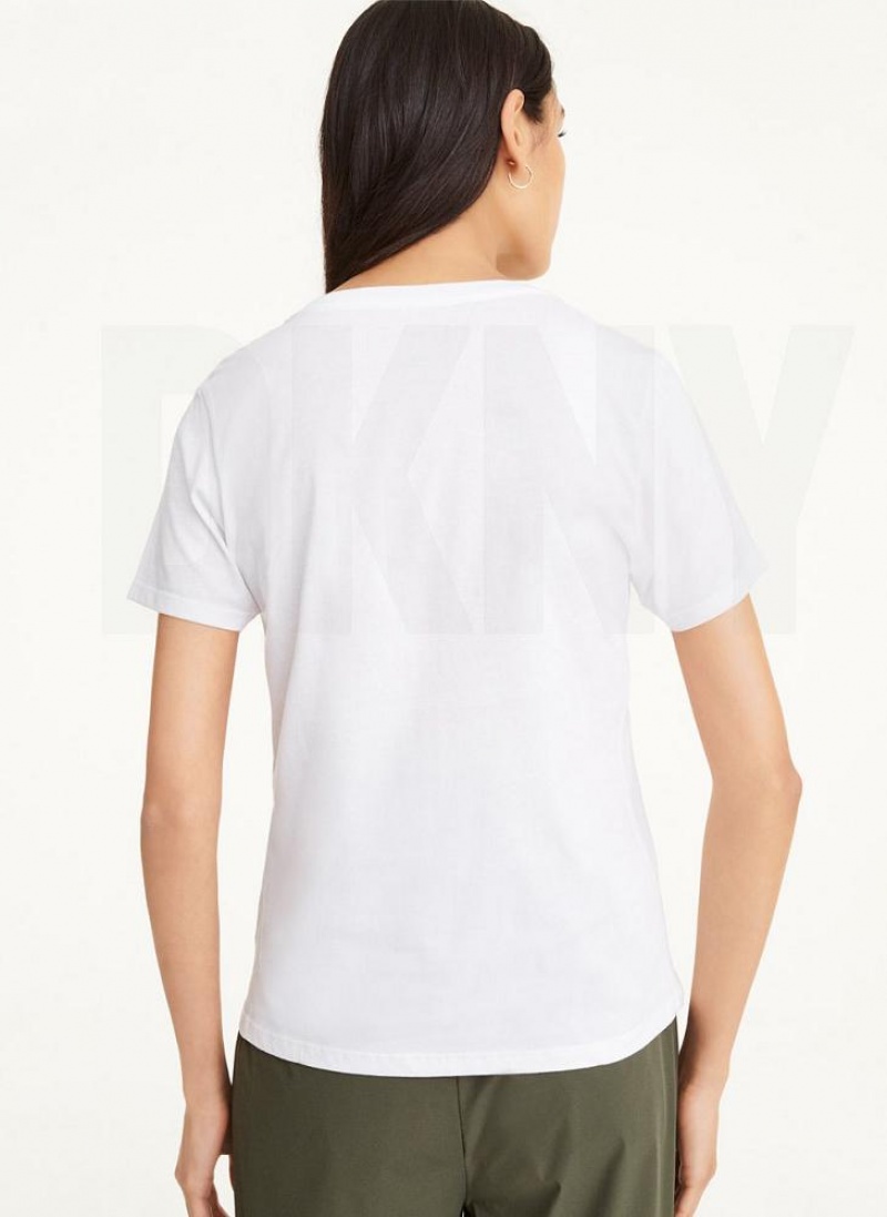 White DKNY Diagonal Rhinestone Logo Women's T Shirts | USA-D0683