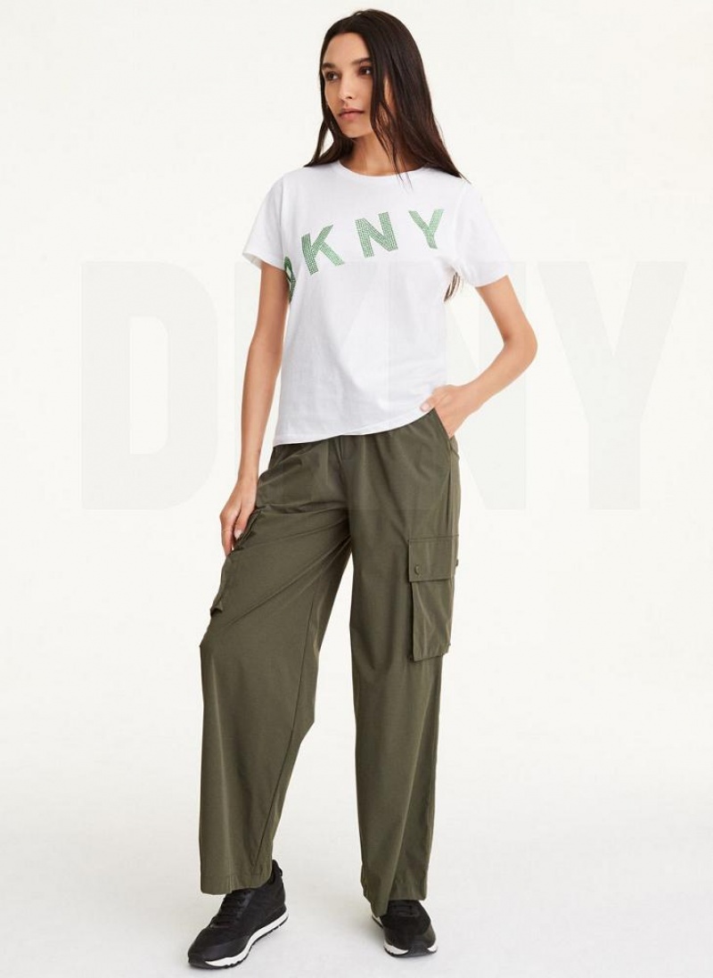 White DKNY Diagonal Rhinestone Logo Women's T Shirts | USA-D0683