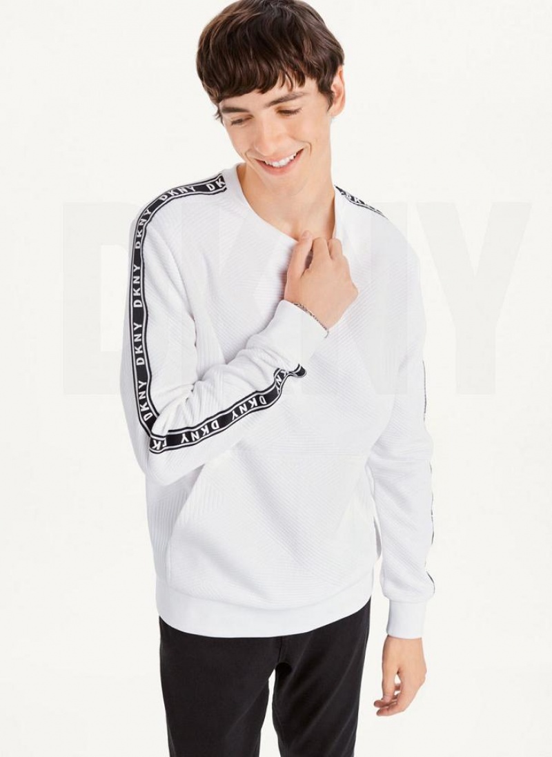 White DKNY Directional Quilting Crewneck Men\'s Sweatshirts | USA-D0849