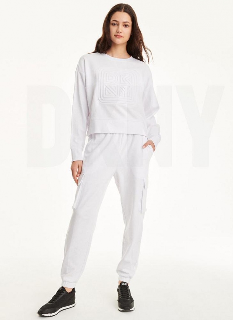 White DKNY Embossed Logo Crewneck Women's Sweatshirts | USA-D1680