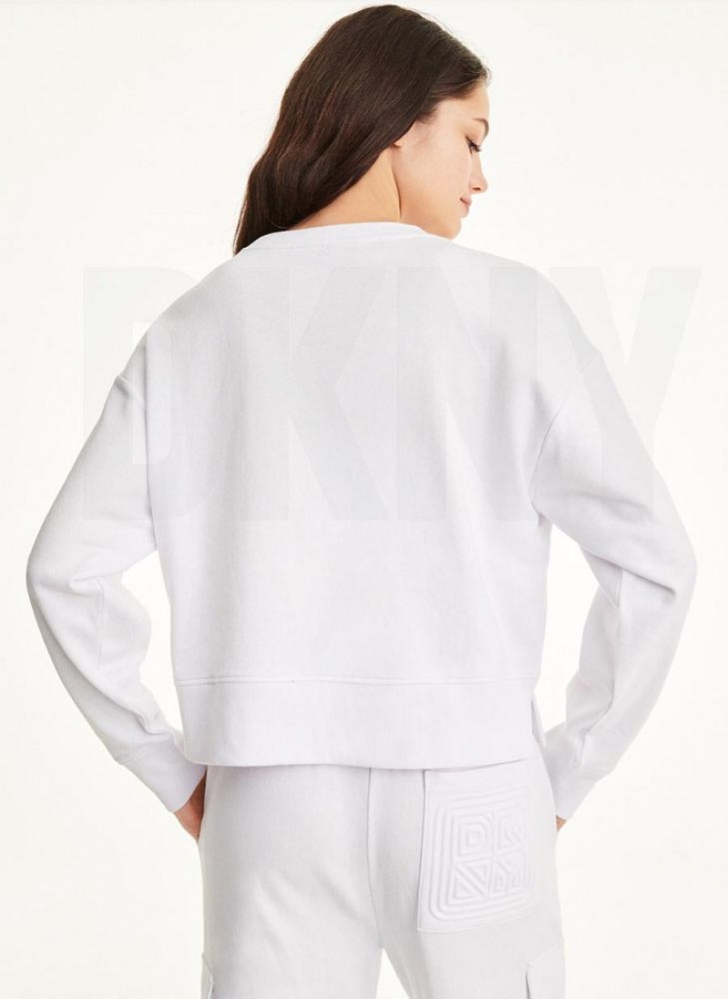 White DKNY Embossed Logo Crewneck Women's Sweatshirts | USA-D1680