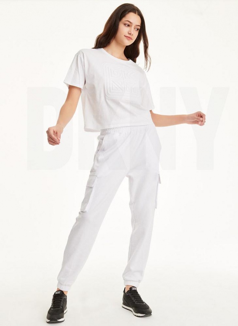 White DKNY Embossed Logo Jersey Women's T Shirts | USA-D0933