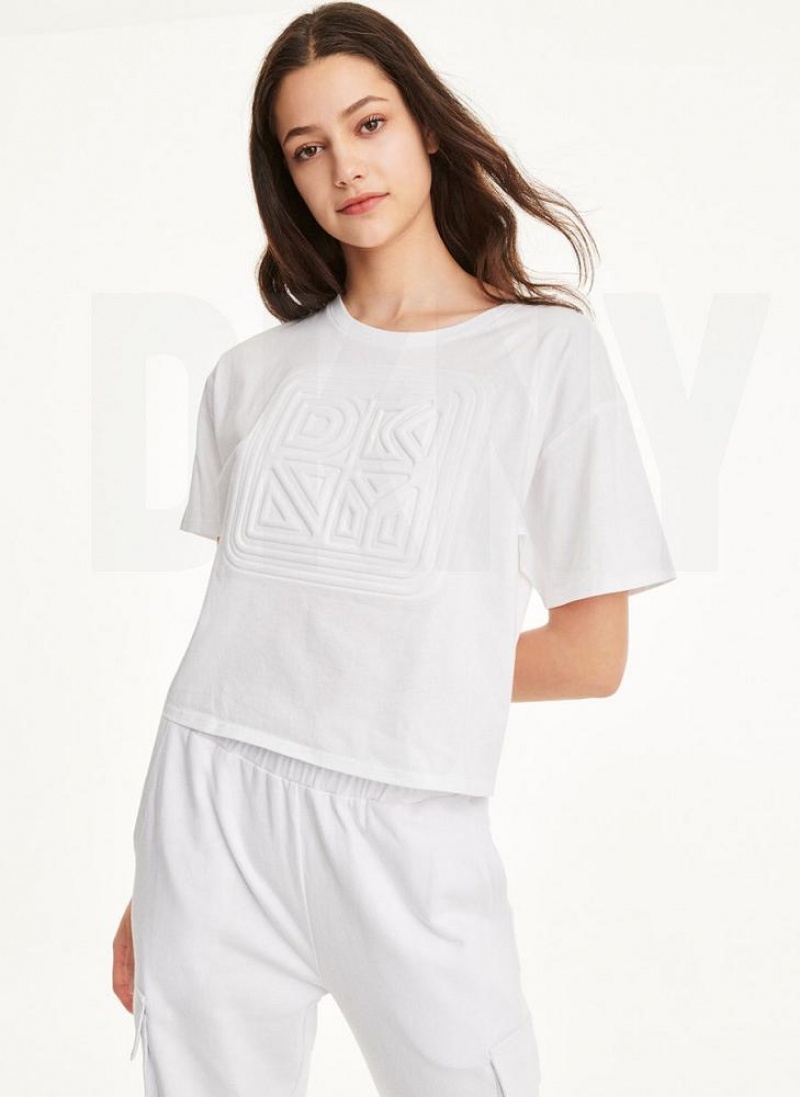 White DKNY Embossed Logo Jersey Women\'s T Shirts | USA-D0933