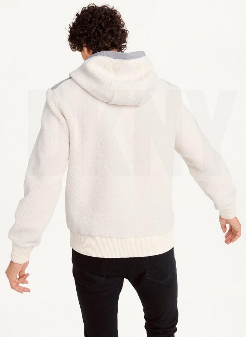 White DKNY Faux-Shearling Pullover Men's Hoodies | USA-D0359