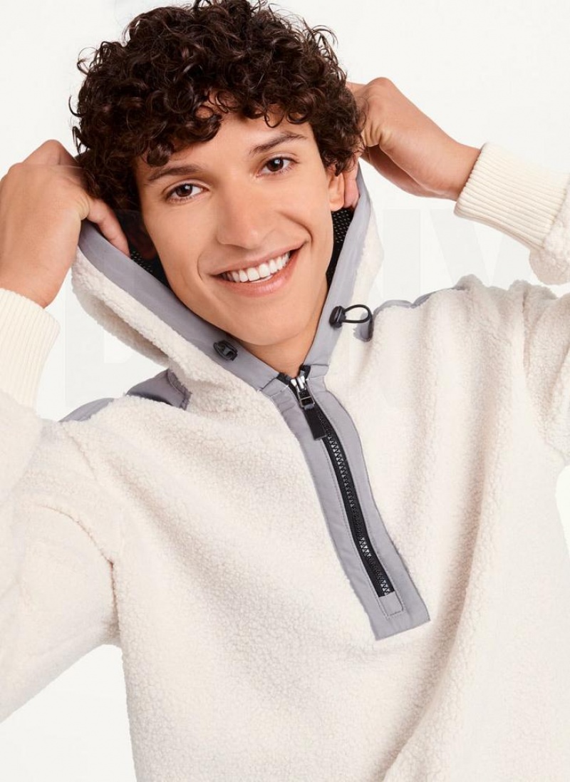 White DKNY Faux-Shearling Pullover Men's Hoodies | USA-D0359