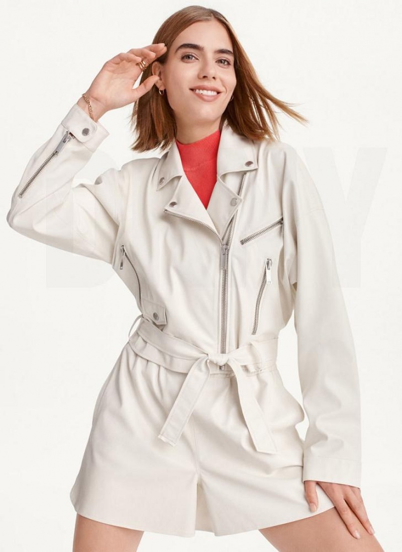 White DKNY Faux Leather Moto Women's Jackets | USA-D0248